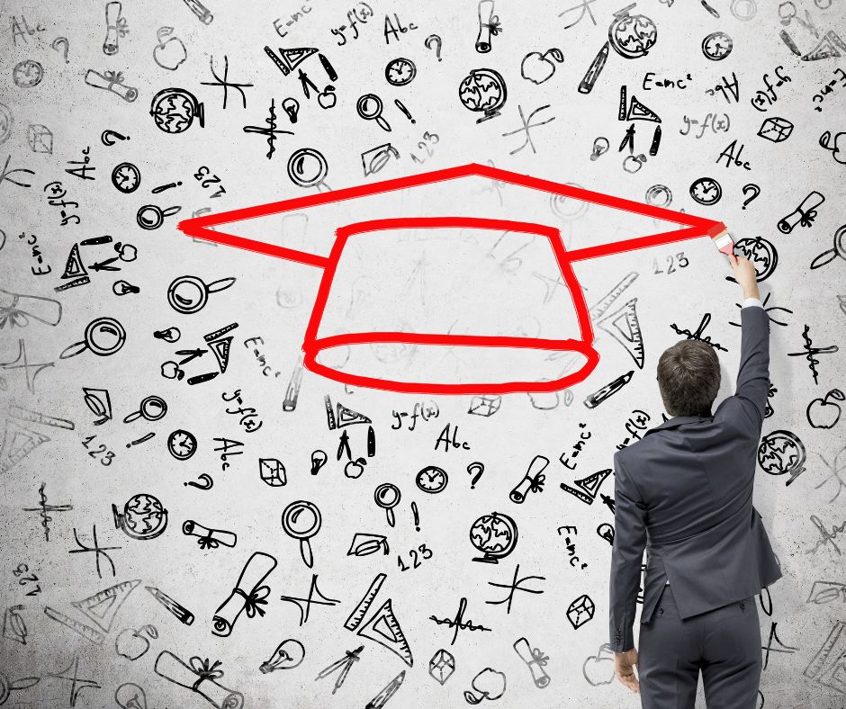 Person paints the outline of a graduation cap in red against a white wall covered with tiny academic symbols and items in black. These items include globes, rulers, diplomas, question marks, numbers, pencils, apples, fundamental math equations, clocks and more.