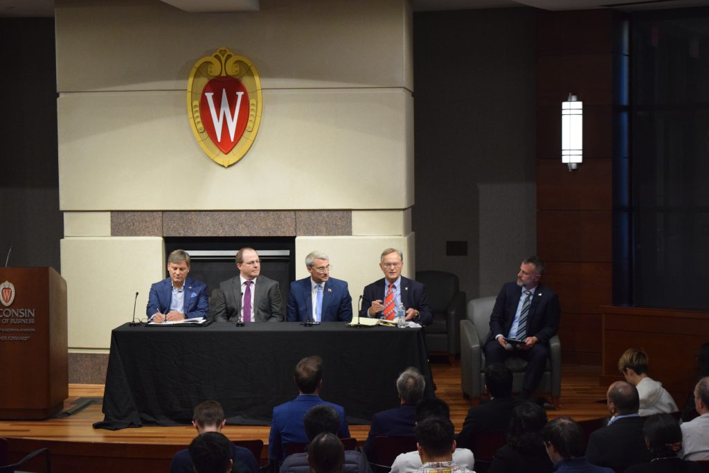 photo of four panelists and moderator Kim Ruhl
